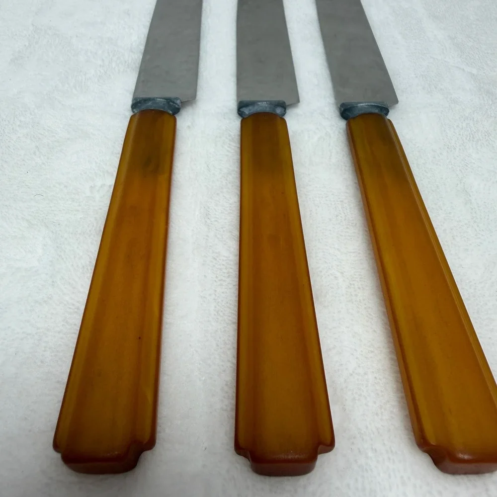 VTG Butterscotch Bakelite Handle Dinner Knives Art Deco Stainless Set of 3 MCM